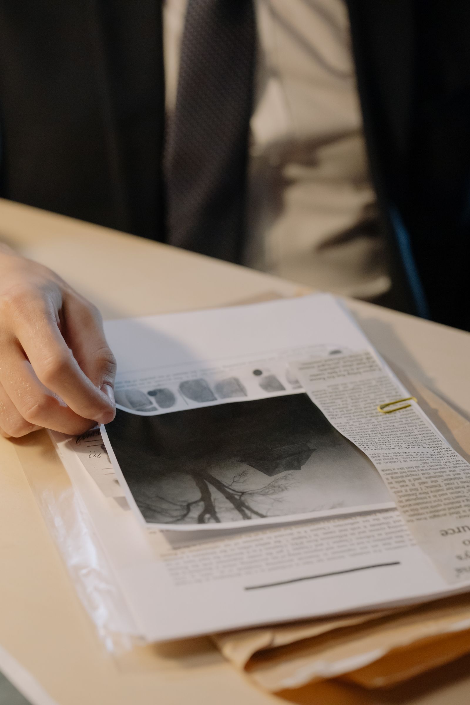 Dłoń układa dokumenty w przezroczystej koszulce na blacie; w kadrze widać kartki, segregator i fotografie, tekst na papierze jest niewyraźny.